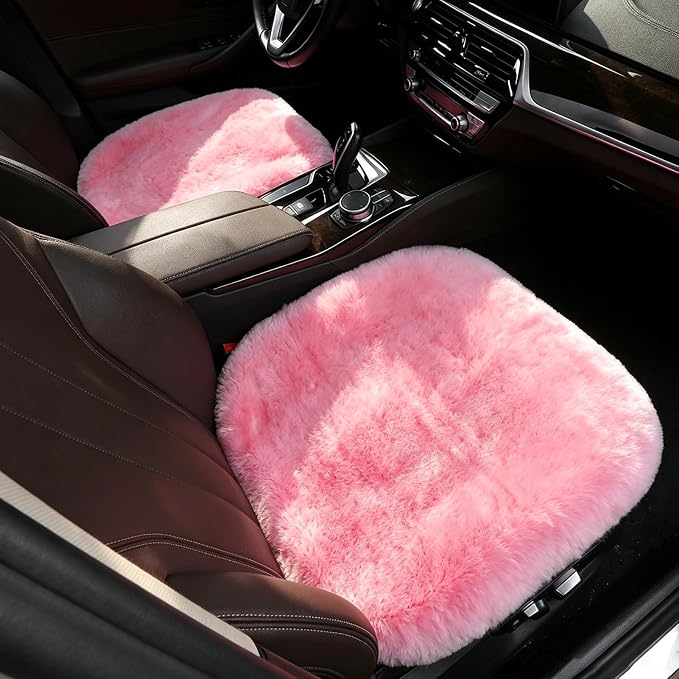 OGLAND Fuzzy Genuine Sheepskin Car Seat Cover for Women Cushion Auto Interior Accessories with Soft Fluffy Wool Natural Fur, Pink, 20 * 20inchs