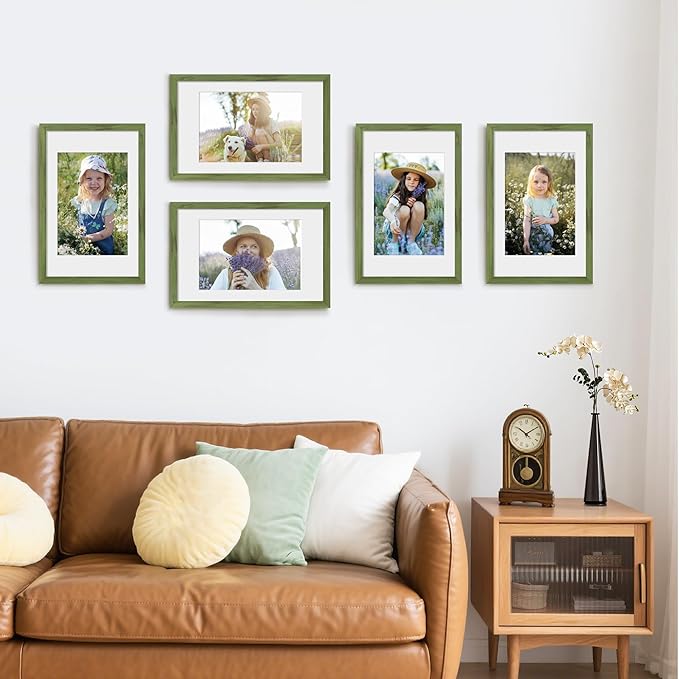 Picrit 11x17 Picture Frame Set of 12, Display 8x12 with Mat or 11x17 without Mat, Photo Frames for Wall Mounting Display, Green Wood Grain