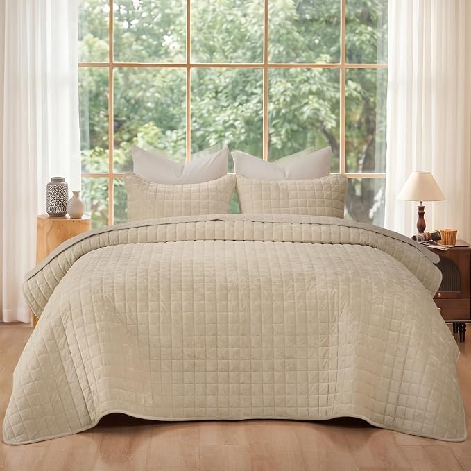 PHF Luxurious Velvet Quilt Set Twin Size – 2PCS Super Soft Quilted Comforter Alternative with Square-Box Quilt Pattern, Warm Quilted Bedspread Coverlet, 68" x 92", Oxford Tan