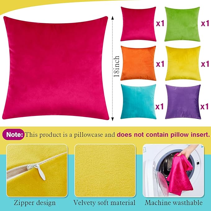 Berlune 6 Pcs Velvet Throw Pillow Covers 18" x 18" Decorative Cushion Cases Soft Pillowcase for Graduation Coquette Party Accessories Couch Sofa Bed Chair Home Decor, No Inserts (Colorful Color)