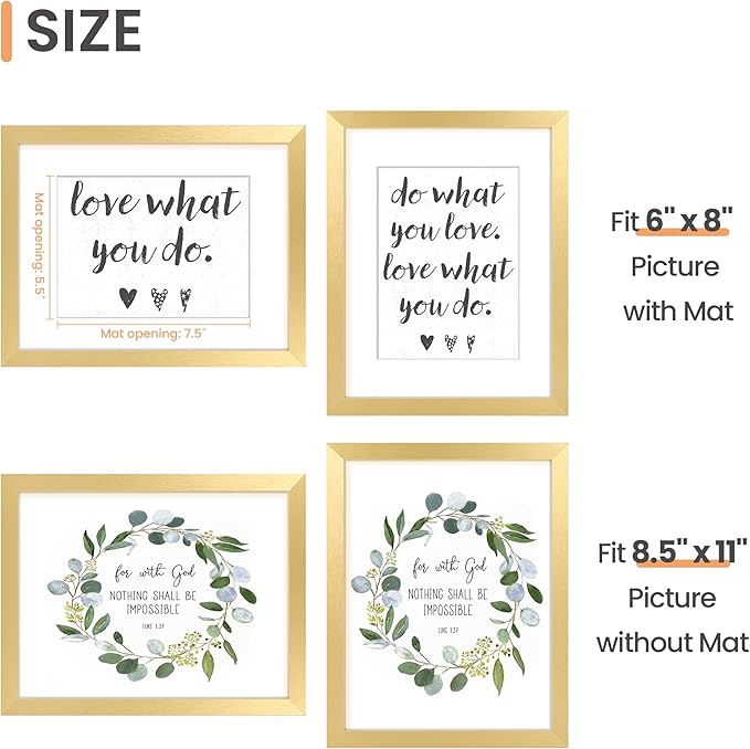 upsimples 8.5 By 11 Picture Frame, Display Pictures 6x8 with Mat or 8.5 x 11 Without, Wall Hanging Photo Frames, Gold, 1 Pack