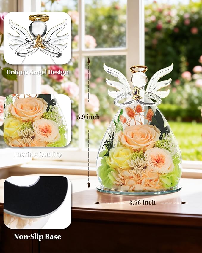 homeasy Birthday Gifts for Women Mom, Preserved Flowers Rose in Glass Angel Figurines, Forever Fresh Flowers for Delivery Gift Box with 3D Card for Grandma Wife Her
