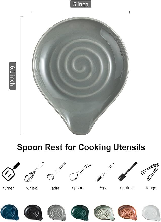 LAUCHUH Spoon Rest for Stove Top, 5 inch Ceramic Spoon Holder for Kitchen Counter Large Cooking Spoon Holder for Spatula, Ladle or Tongs, Heat-Resistant, Framhouse Decor for Mother's Day, Gray
