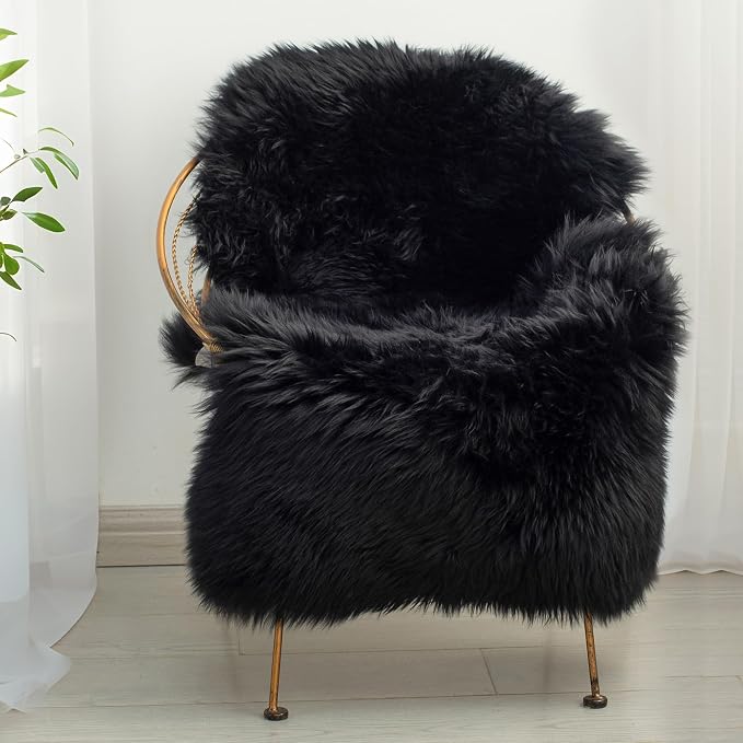 Premium Genuine Sheepskin Area Ruge - Real Wool Fur Shaggy Carpet | Fluffy Soft Natural Lambskin Rug Seat Chair Covers for Couch Sofa Bedroom Living Room(Black,2×3 Feet Sheepskin)