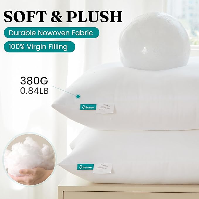 Oubonun 16 x 16 Throw Pillow Inserts - Soft, Plush & Decorative Down Alternative Pillows for Couch Sofa Bed, Machine Washable - White, Pack of 4