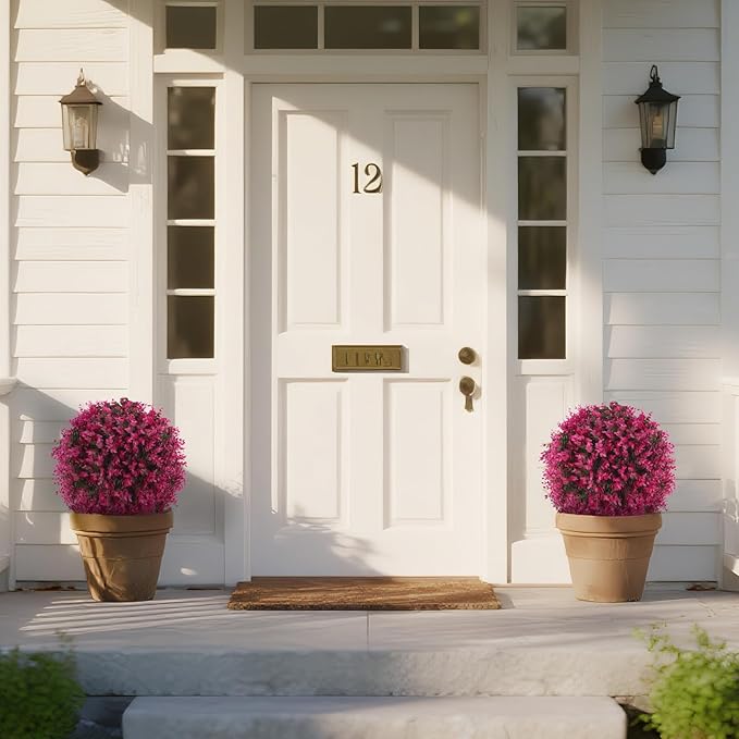 Yangrass Artificial Pink Eucalyptus Topiary Ball Trees with Ground Spike, Set of 2 UV Resistant Artificial Shrubs, Fake Evergreen Artificial Plant Bushes for Indoor Outdoor Front Porch Garden