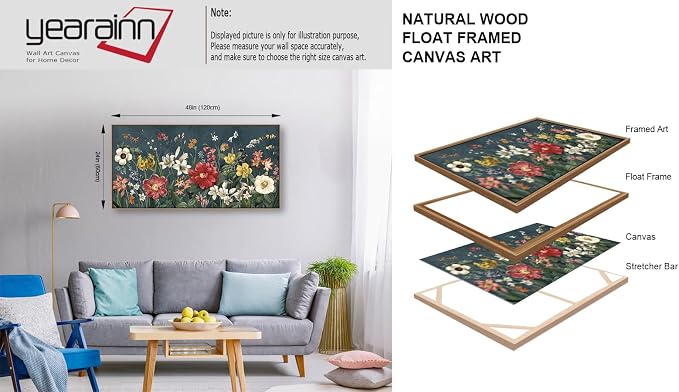 yearainn Botanical Framed Wall Art - Colorful Flowers Bouquet Canvas Pictures Wall Decor Wildflowers Painting Artwork Blooming Floral Prints Living Room Office Home Decor Natural Wood Frame 48" x 24"