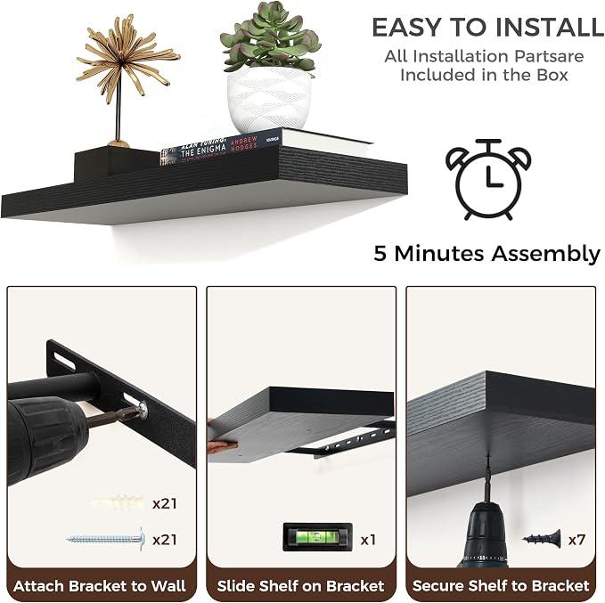 Venusmiles Floating Shelves for Wall 48 inch Long, Engineered Wood Wall Shelves with Invisible Brackets for Living Room Bedroom Bathroom Office Kitchen Decor and Storage, Black Finish, Set of 2