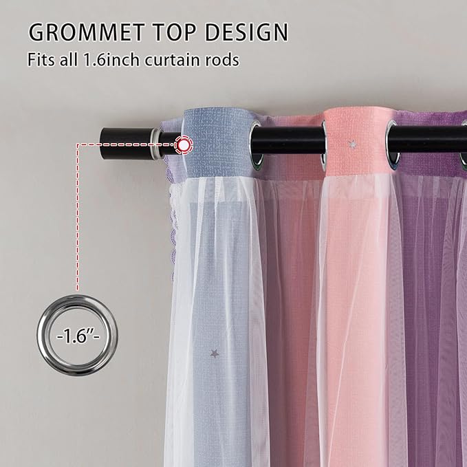 XiDi 90 Inches Curtains for Girls Bedroom 2 Panels Set, Blackout Rainbow Curtains for Kids Room Decor, Unicorn Wall Decals Drapes for Little Girl Nursery Room Grey/Pink/Purple 34 Inches Wide
