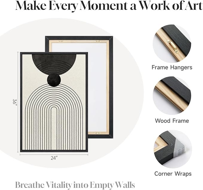 Framed Black and White Abstract Wall Art for Living Room, 3 Piece Modern Geometric Minimalist Canvas Artwork for Walls, Large Boho Neutral Prints Wall Decor for Bedroom Home Office Hallway, 24x36 Inch