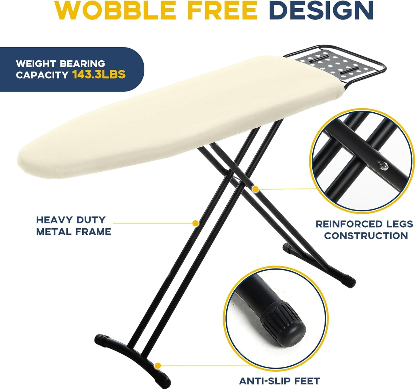 Ironing Board Full Size, RAINHOL Compact Iron Board with Iron Rest, Heat Resistant Cover with Ultra Thick Padding, Height Adjustable Heavy Duty for Home, Dorm, 43x13 Ivory