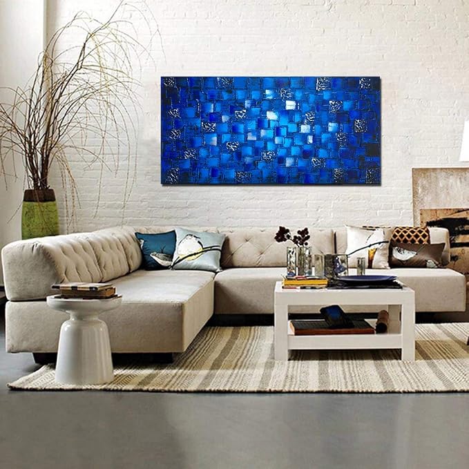 MyArton Thick Textured Abstract Squares Canvas Wall Art Hand Painted Artwork Modern Dark Blue add Silver Oil Painting for Home Decor Framed Ready to Hang 40x20inch