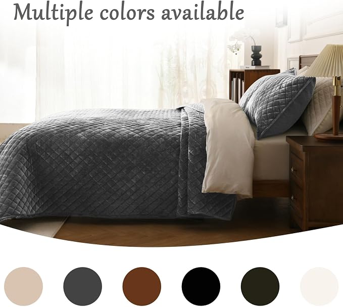 3-Piece Velvet Quilt Set Oversized King Size 120"x128" Bed Blanket Quilted Bedspread Soft Luxury Bedding with 2 Pillow Shams 20''x36'' for All-Season,Gray