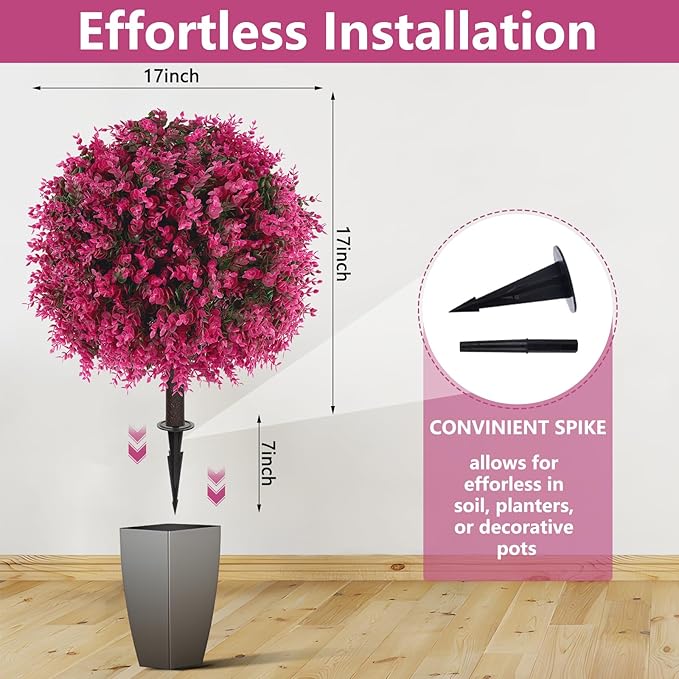 Yangrass Artificial Pink Eucalyptus Topiary Ball Trees with Ground Spike, Set of 2 UV Resistant Artificial Shrubs, Fake Evergreen Artificial Plant Bushes for Indoor Outdoor Front Porch Garden