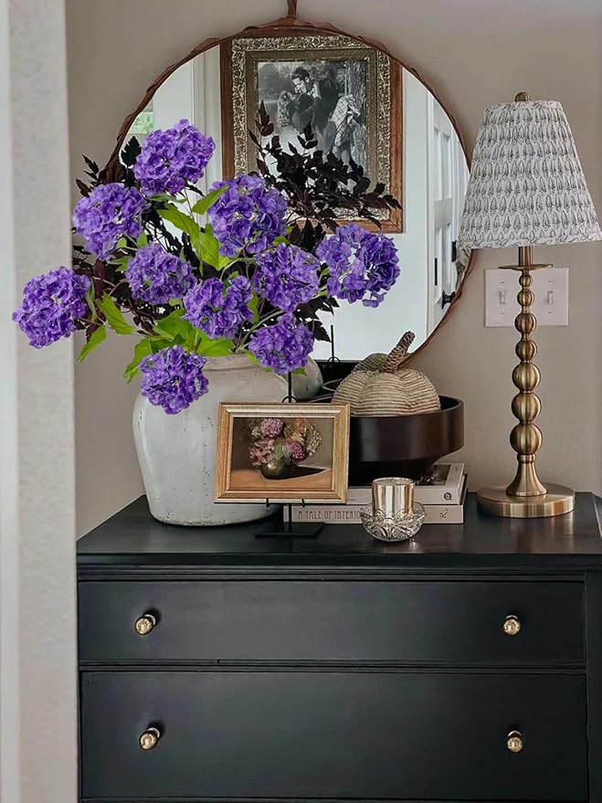 RUZUQE YalzoneMet Purple Small Hydrangea Artificial Flower 4 Pcs 26.8'' Lifelike Long Stem Snowball Viburnum Real Touch Faux Latex Flowers for Home Christmas Decoration Outdoor Wedding Decor