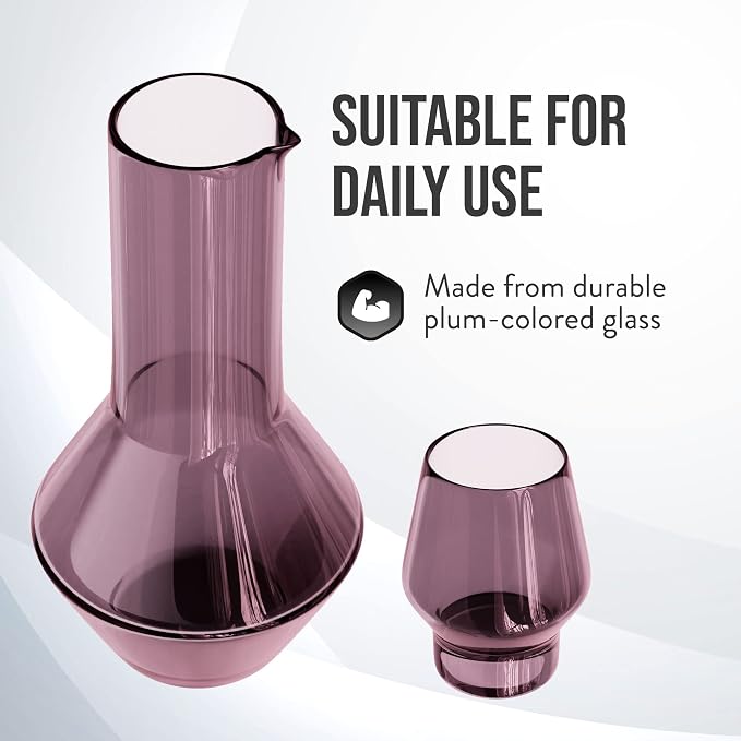 American Atelier Carafe and Glass Set | Water Jug with Matching Tumbler | Easy Pour Spout for No Mess | Use in Office and Kitchen | 43-Ounce Capacity Pitcher | 10-Ounce Tumbler (Plum)