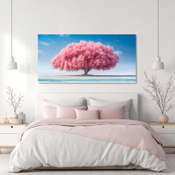 Ggaafet Pink Tree Wall Art for Living Room Canvas Oil Painting Prints Beautiful Warm Landscape Art Deco Modern Artwork Office Bedroom Family Dining Room Decor Extra Large
