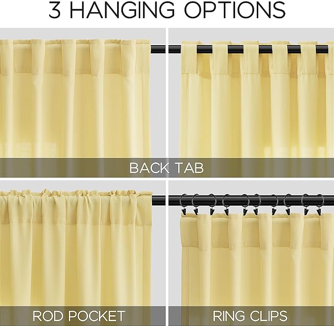 Nanspring Yellow Linen Curtains 80 Inches Long for Bedroom Back Tab Light Filtering Privacy Sheer Yellow Curtain Modern Farmhouse Coastal Decor Cotton Textured Gauze Drapes 2 Panel Set 52x80