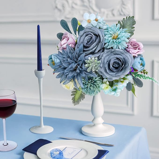AmyHomie Blue Artificial Flowers Combo Silk Mix Peony Rose Hydrangea Fake Flowers w/Stem for DIY Wedding Bouquets Centerpieces Arrangements Table Decor Party Bridal Baby Shower Home Decorations