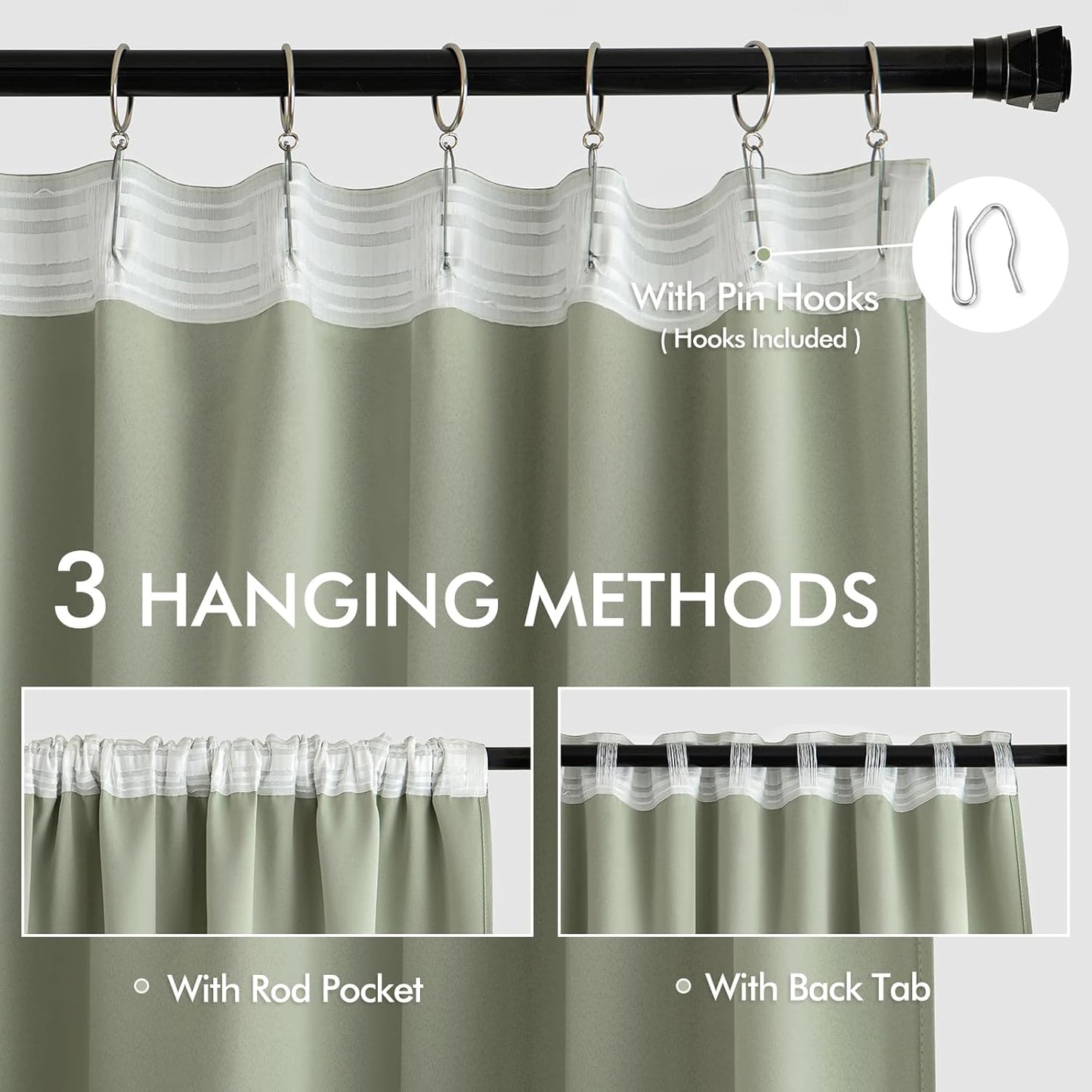MIULEE Back Tab Sage Green Curtains 102 Inch Long 2 Panels Set for Living Room Bedroom, Rod Pocket/Pinch Pleated Light Blocking Thermal Insulated Room Darkening Floor to Ceiling Blackout Drapes