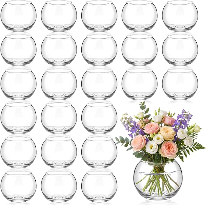 Zopeal 24 Pcs Glass Bubble Bowl Vase Bulk, Clear Round Glass Centerpiece Bowls for Wedding Table Decor, Fish Flower Bud Vase Terrarium for Event Party DIY (2.95" h X 3.94" w)