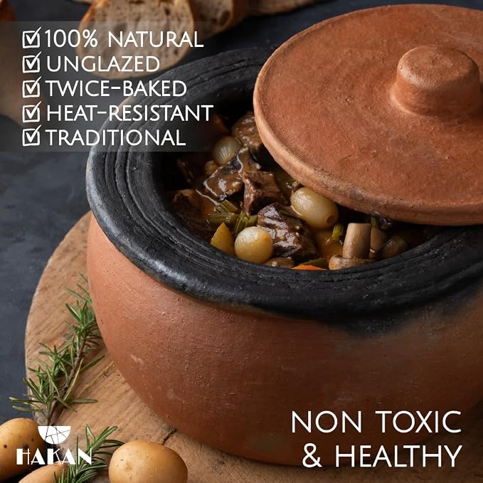 Hakan Efes Clay Pot with Cover, JUMBO 5.7 Quarts Clay Pot for Cooking, Unglazed Twice Baked Terracotta Traditional Moroccan Roaster Casserole for Stovetop, Earthenware with Lid, 182.6 oz (5.4 L)