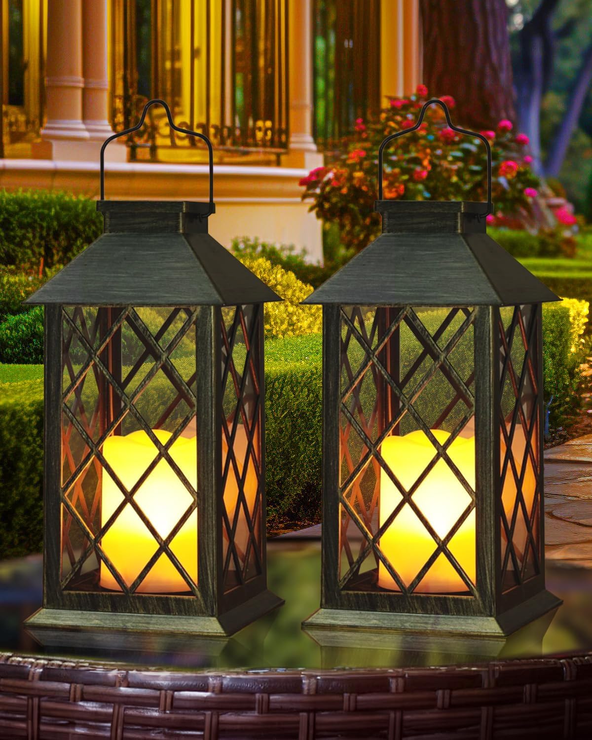 Otdair Solar Lanterns Outdoor Waterproof, 2 Pack 14" Solar Lantern with Glass Retro LED Flickering Flameless Candle,Lanterns Decorative Outdoor for Gift, Yard, Garden, Patio, Balcony,Porch, Party