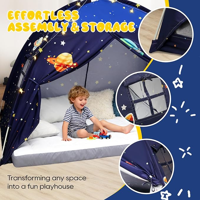 Full Bed Tent Canopy, Space Indoor Blackout Privacy Toddler Bed Tent for Kids with Light, Portable Sleeping Floor Kids Playhouse (Blue, Full Size)
