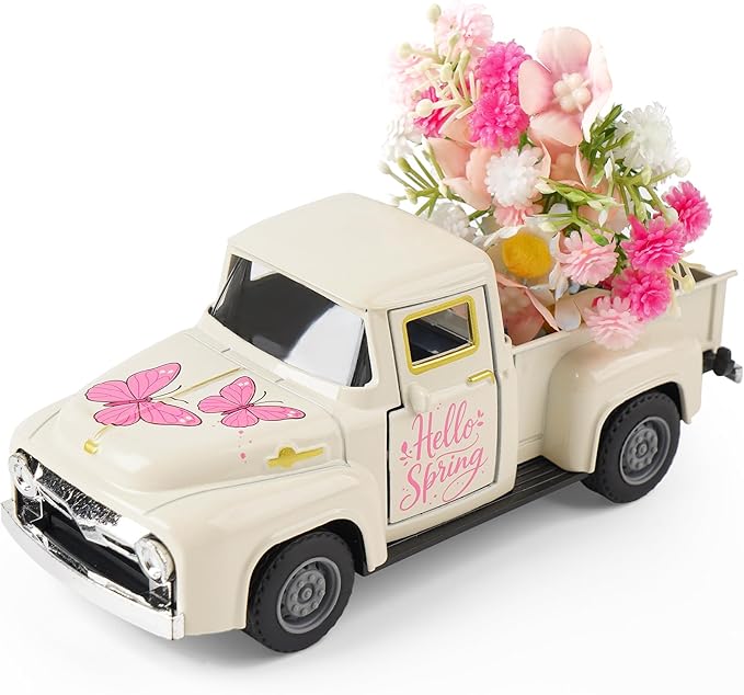 Spring Butterfly Truck Decor, Pink Spring Floral Truck Decorations for Home Indoor, Mini Wildflowers Truck Tiered Tray Decor, Rustic Farmhouse Kitchen Tabletop Decorations for Office