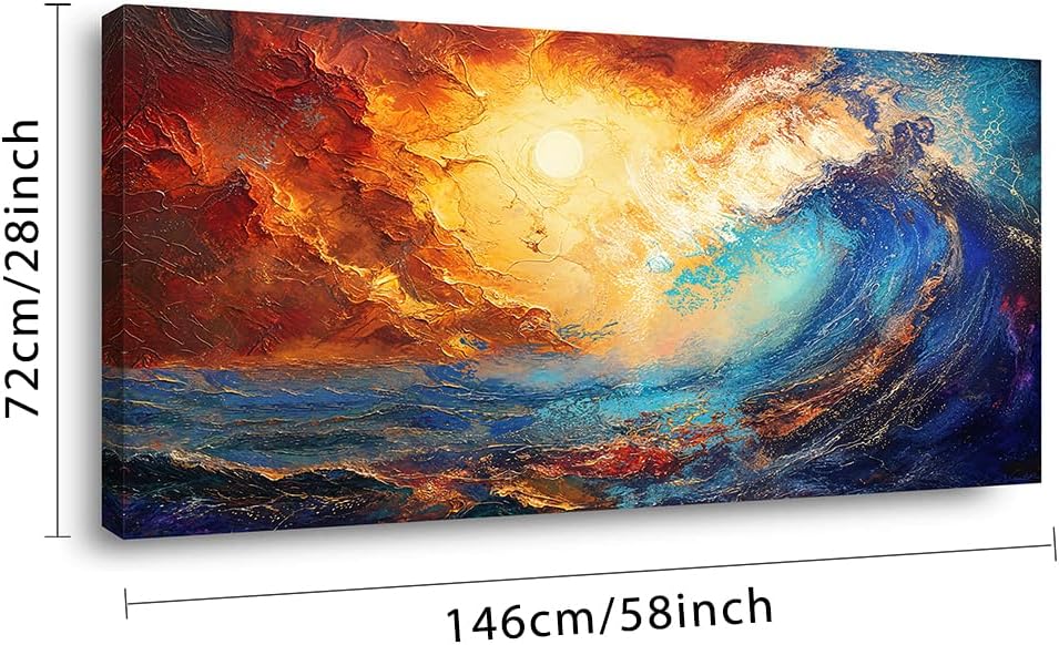 LASMOND Abstract Ocean Wall Art for Living Room Beautiful Blue Sea Wave Seawater Colorful Sky Landscape Wall Art Decor Artwork Bedroom Office (58x28 Inches)