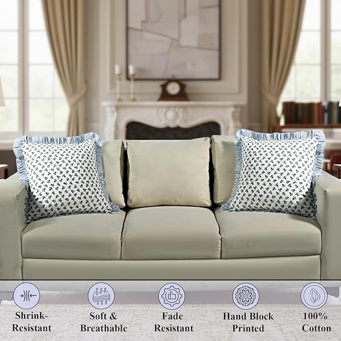 Ridhi Block Print Baby Blossoms Throw Pillow Cover 24" x 24" (Pack of 2) Decorative Cushion Covers with Ruffle for Couch, Sofa, Bed, Living Room, Home Decor Gift for Spring, Easter, Valentine