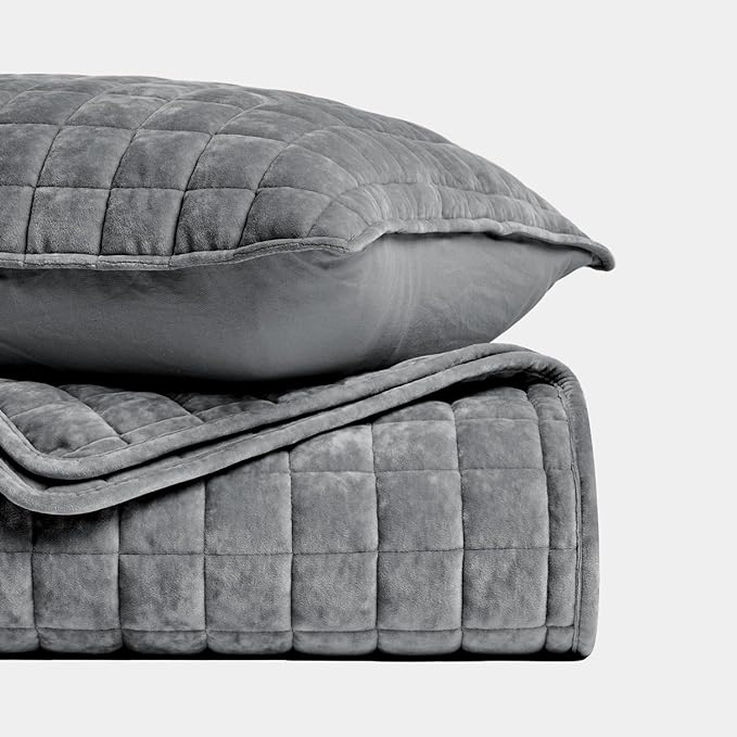 RECYCO Luxury Velvet Quilt Twin/Twin XL Size Bedding Set, Ultra Soft Velvet Comforter Set, Lightweight Quilted Channel Box Stitch Oversized Bedspread Coverlet for All Season, w/ 1 Sham, Charcoal Gray