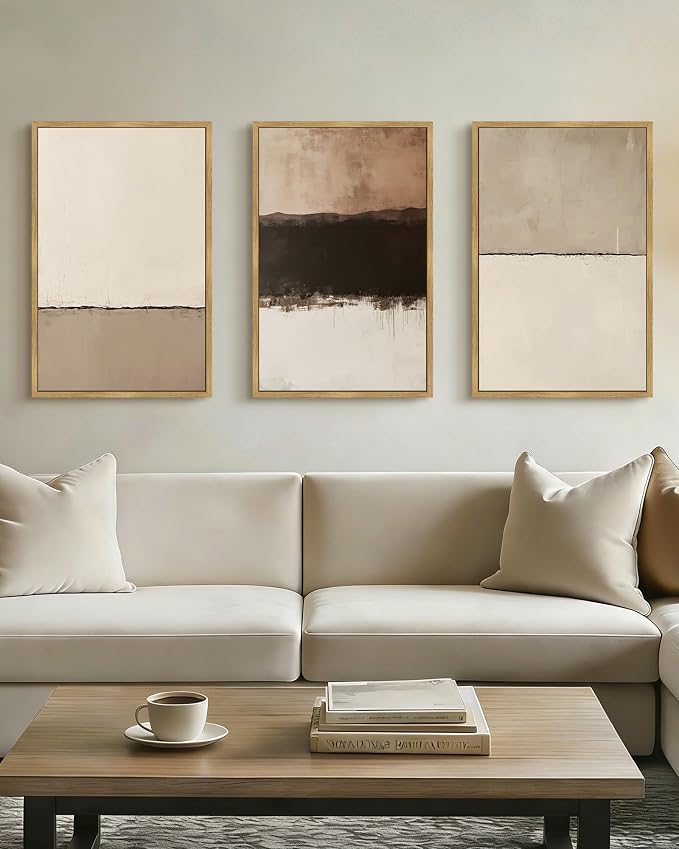 PHOPAGO Neutral Abstract Framed Wall Art Large 16x24in Minimalist Beige Gray Pastel Wall Decor Modern Watercolor Art Paints for Bedroom Living Room - Natural Framed