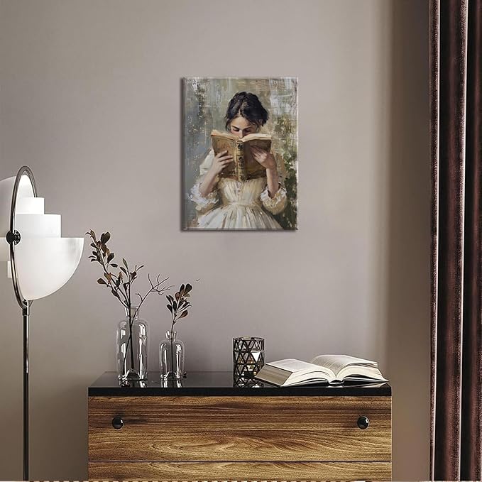 Vintage Victorian Woman Reading Book Wall Art Light Academia Wall Decor Paintings Picture Moody Girl Aesthetic Poster Canvas Print for Bedroom Living Room Dorm Library Nook 12x16Inch Framed