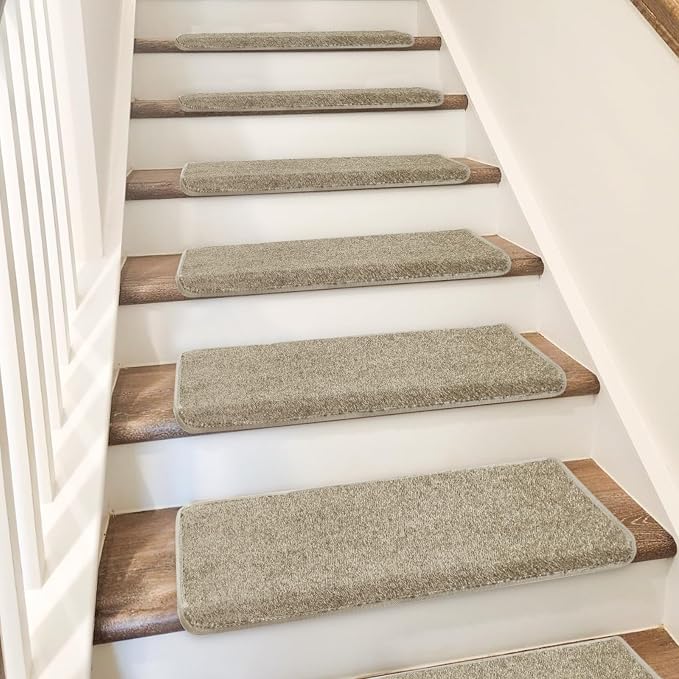 PURE ERA Bullnose Carpet Stair Treads Set Tape Free Non-Slip Indoor Stair Protectors Pet Friendly Rugs Covers Soft Skid Resistant Washable Reusable 9.5" x 30"(2 Pieces,Cream Gray)