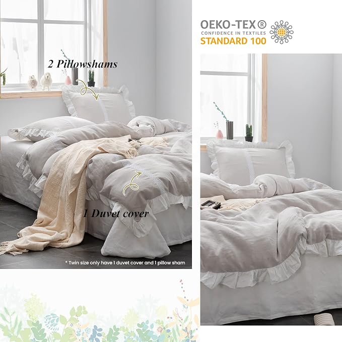 Simple&Opulence 100% Linen Duvet Cover Set (88"x92") Floral Flax Queen Size, Shabby Chic Ruffle Edge Lace Insert Decoration, 3 Pcs Farmhouse Bedding-1 Comforter Cover 1 Pillow Shams, Floral Grey