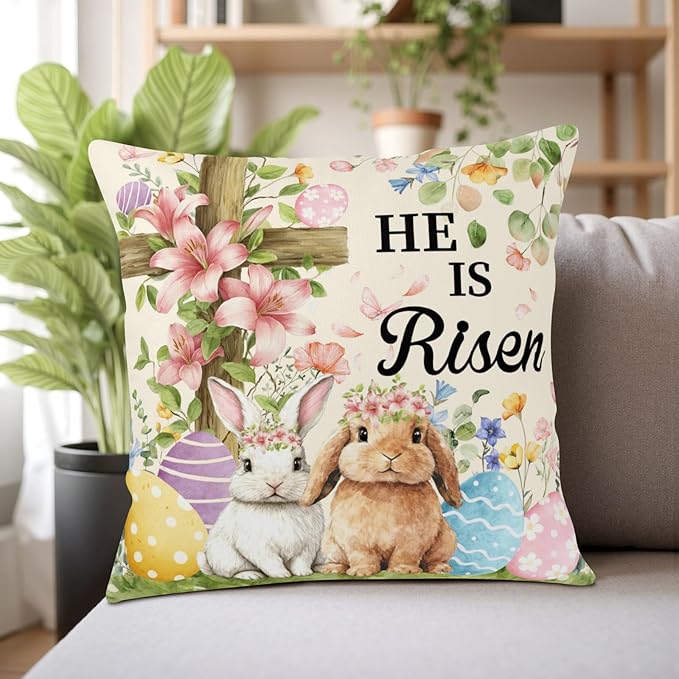 Easter Pillow Covers He is Risen Floral Cross Pillow Cases Colorful Eggs Bunny Throw Pillow Covers 24x24 Set of 2 Spring Wreath Cushion Cases for Farmhouse Home Sofa Decor