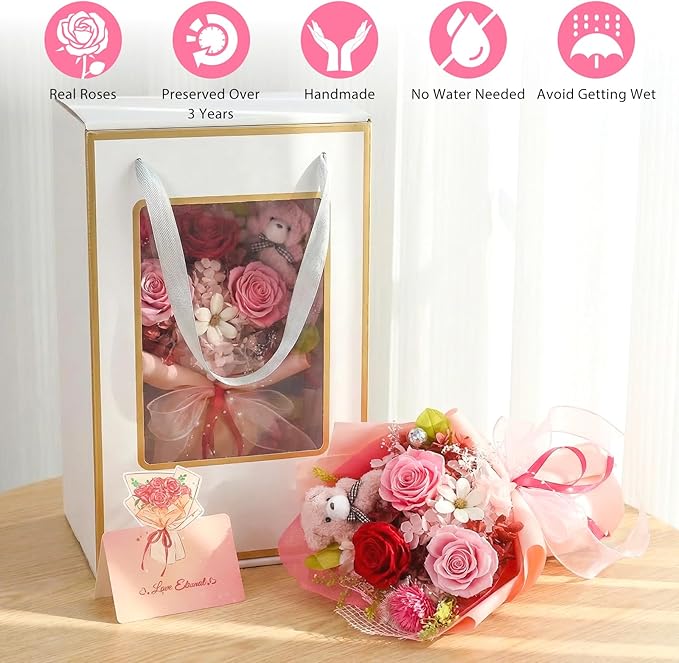 Flowers for Delivery, Preserved Flowers Bouquet, Pink Rose Bear Forever Flower Bouquet with Gift Box, Mothers Day Gifts for Mom, Birthday & Valentines Day Gifts for Women, Wife, Her, Grandma