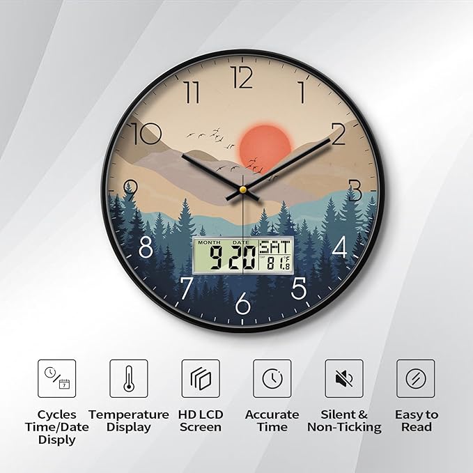 12 Inch Wilderness Sunset Wall Clock, Silent Non-Ticking Battery Operated Analog Clock with LCD Date, Day & Temperature Display, Modern Wall Clock for Living Room, Home Office, Bedroom, Farmhouse