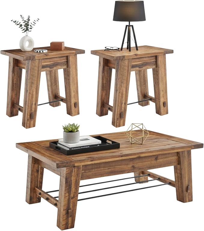 Alaterre Furniture Durango Solid Wood Coffee Table Set of 3, Rustic | Living Room Table Set Include 48-Inch Coffee Table and 2 27-Inch End Tables with Sturdy Metal Accents and Storage Shelf