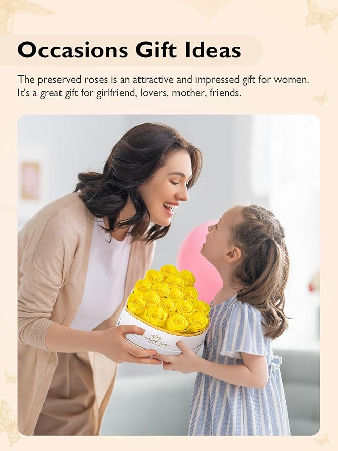 Eterfield 16 Forever Flowers in Heart Shape Box, Preserved Roses That Last a Year Preserved Flowers Birthday Gifts for Her Mom Women Wife Anniversary Valentine's Day Mother's Day, Yellow