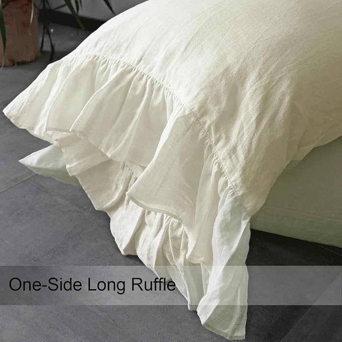 Ruffles Linen Pillowcase, 100% French Linen Pillow Cover, 20x30'' Queen Size Shabby Chic Ivory Pillow Shams, with Envelope Closure (Queen, Ivory, 1 PCS)