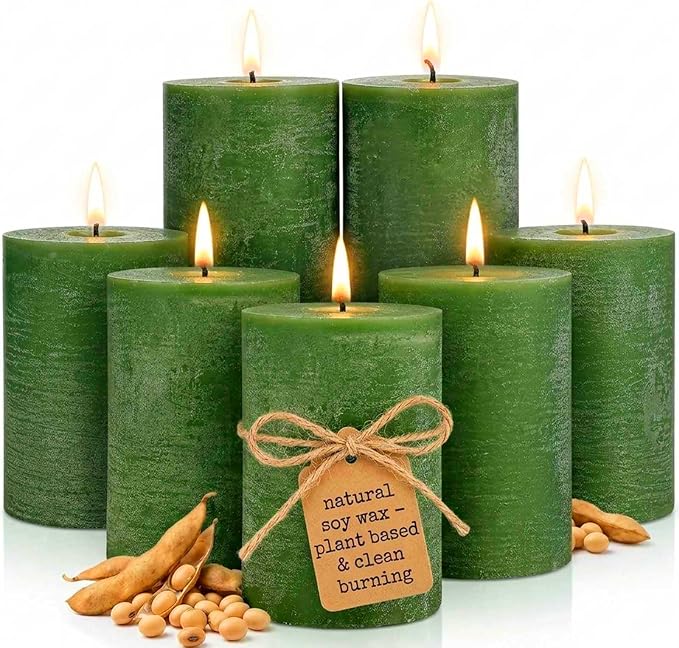 6 Pack Moss Green Soy Pillar Candles, 2.8x4in - 330H Total Burn Time - Rustic Textured Natural Wax - Non-Toxic, Dripless & Smokeless Hand-Poured Candles for Spring Home Decor, Dinner Table, Wedding