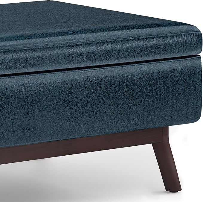 SIMPLIHOME Owen Coffee Table Storage Ottoman - 34" Wide x 19" High Upholstered Vegan Leather Rectangular Lift-Top Ottoman in Distressed Dark Blue, Mid-Century Modern Bench with Tapered Legs