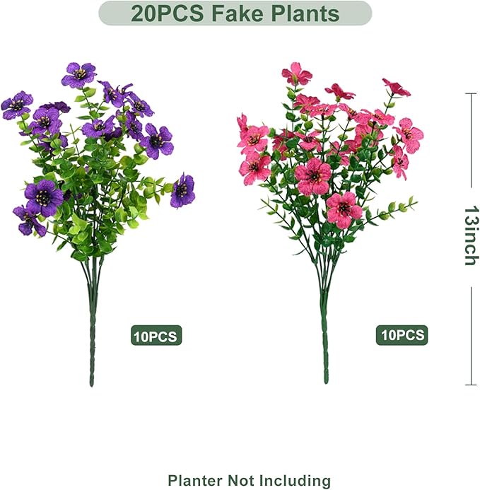 trytuny Artificial Flowers for Outdoor, UV Resistant Fake Silk Flowers, Realistic Faux Plants for Outside Indoor Porch Patio Window Box Planter Home Decor (20, Purple Rosy)