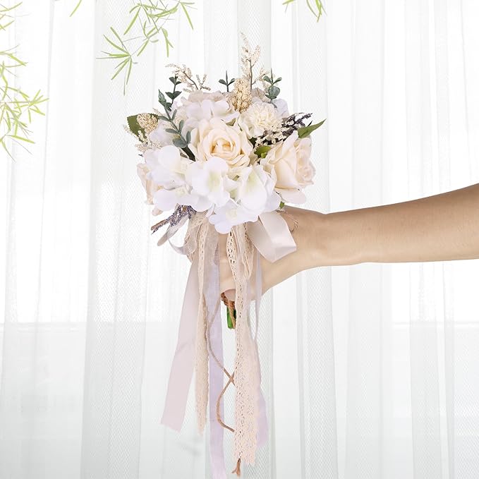 CEWOR Wedding Bouquets for Bride Bridesmaid, White Champagne Artificial Roses Flowers Wedding Decoration (7.5in)