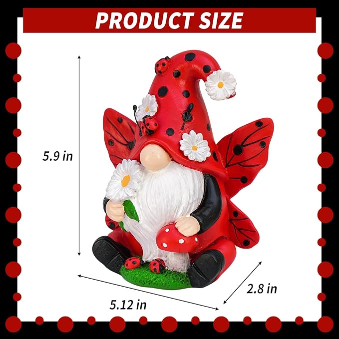 Ladybug Gnome Garden Decor, Fairy Gnome Figurine with Flowers, Spring Summer Outdoor Garden Decorations for Yard Lawn Patio, Garden Gifts for Women
