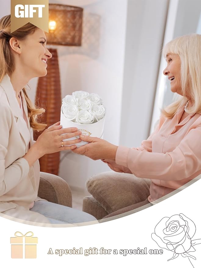 Beaulasting Long Lasting Preserved Roses in a Box Last a Year Forever Flowers for Her Mom Wife Anniversary Birthday (Round White Box, White)