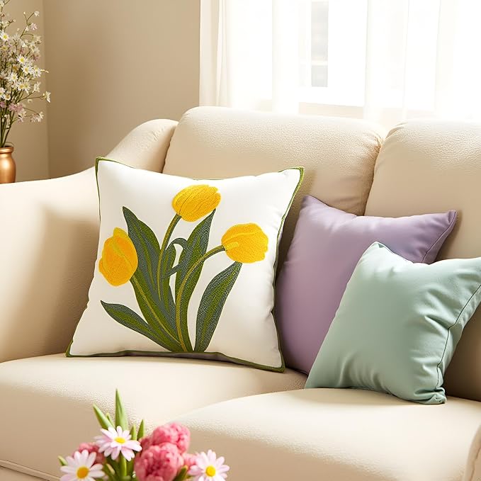Spring Pillow Covers 16x16 inch Pack of 2 Yellow Tulip Flower Embroidery Throw Pillow Covers Square Farmhouse Floral Summer Decor Pillow Case for Couch Cotton Canvas Cushion Cover