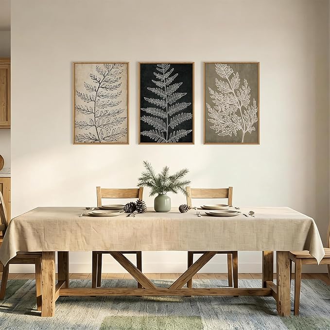KAIRNE Vintage Botanical Fern Framed Canvas Wall Art Set, Retro Fern Leaf Wall Decor, Rustic Black Tan Art Prints, Modern Minimalist Leaves Artwork for Living Room,Bedroom,Farmhouse,Office-16 x24 x3